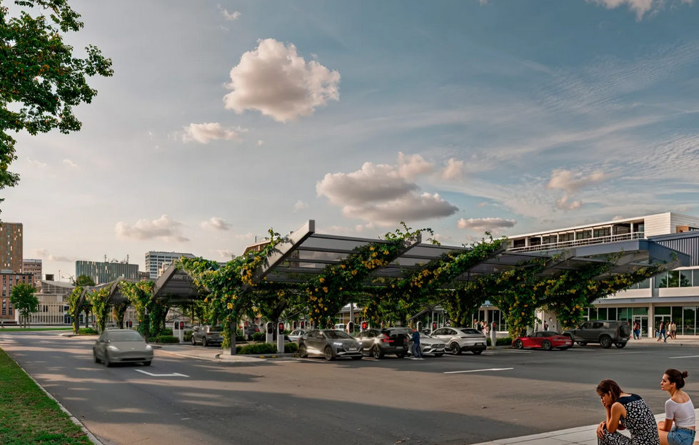 Parkinglot solar carport with vines and EV charging