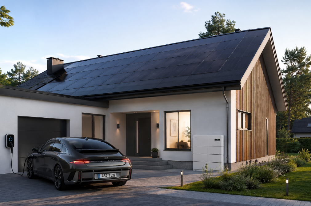 1PE - modern home with rooftop PV, home battery and EV charging