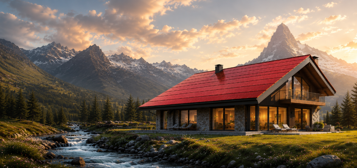 Holaroof BIPV solar roof in mountain landscape