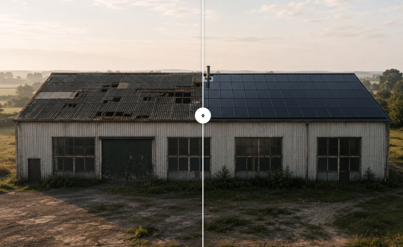 Freeroof before-and-after - old roof transformed with solar panels